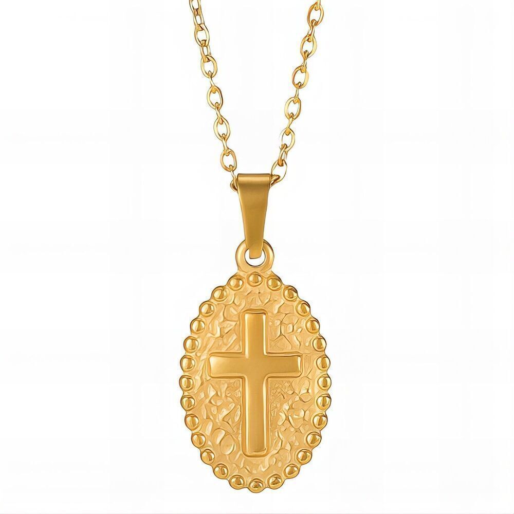 18K Gold Plated Round Cross Faith Religious Necklace Hypoallergenic Waterproof